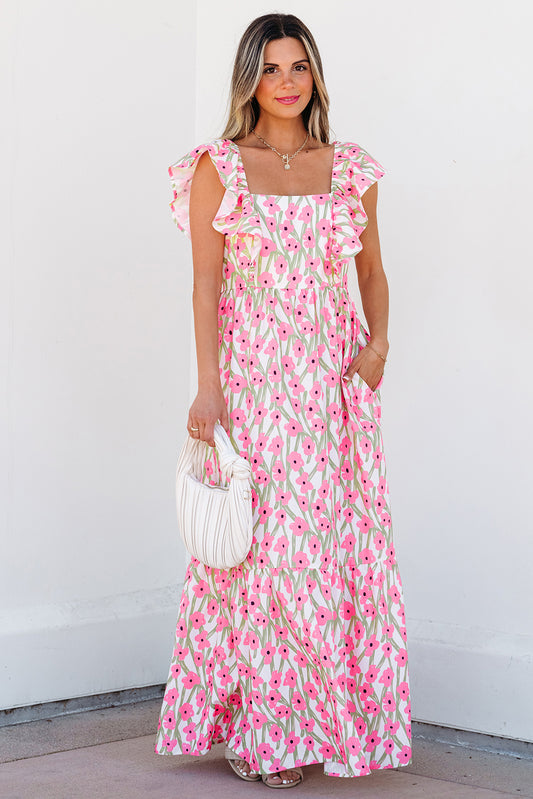 Princess Pink Floral Ruffled Strap Maxi Dress