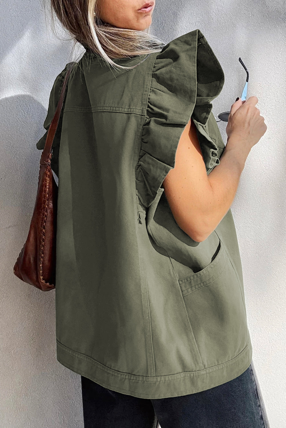 Randa Ruffled Patchwork Denim Vest Olive