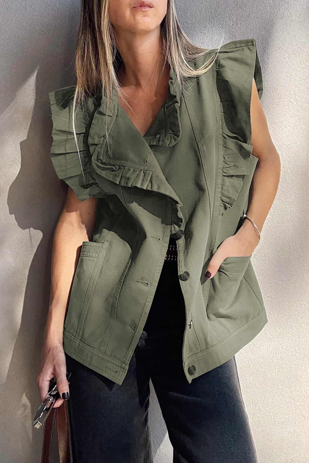 Randa Ruffled Patchwork Denim Vest Olive