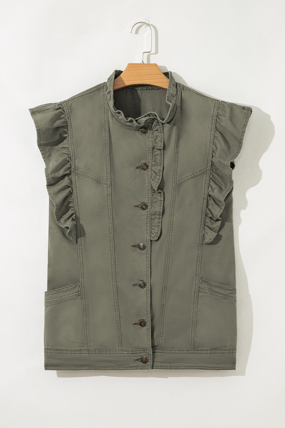 Randa Ruffled Patchwork Denim Vest Olive