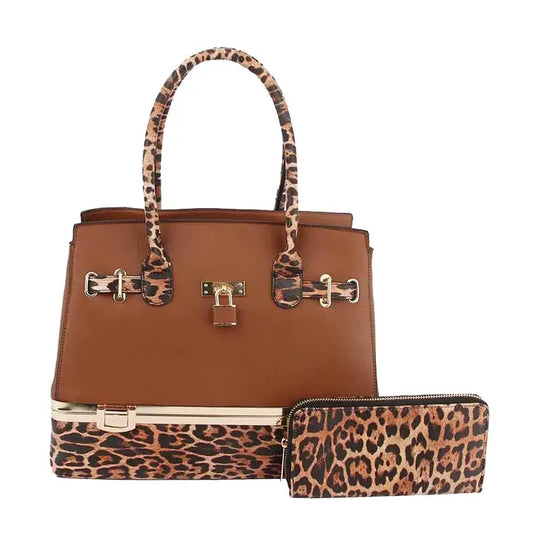 2 in 1 Cheetah Accent Handbag & Clutch Brown