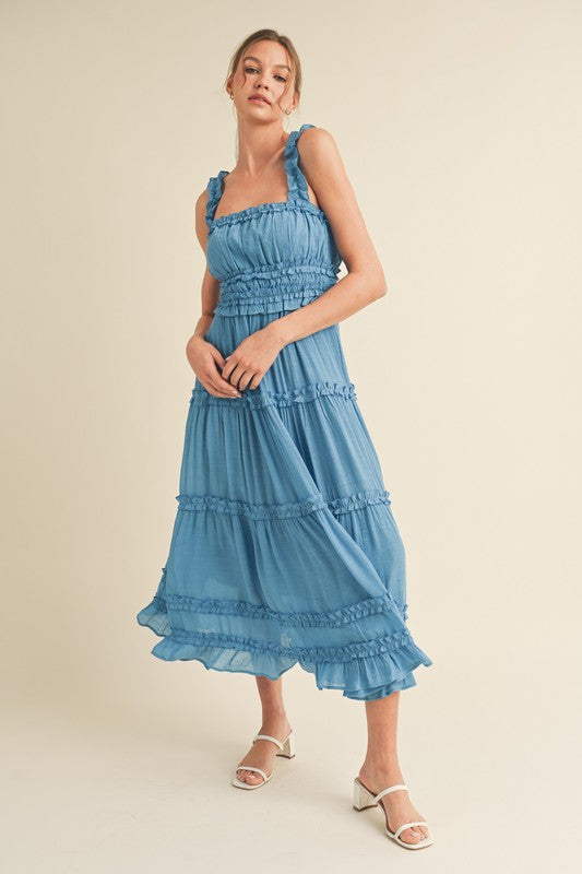 Riley Ruffled Midi Dress Blue Jay