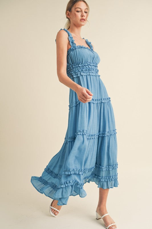 Riley Ruffled Midi Dress Blue Jay