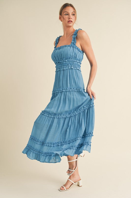 Riley Ruffled Midi Dress Blue Jay