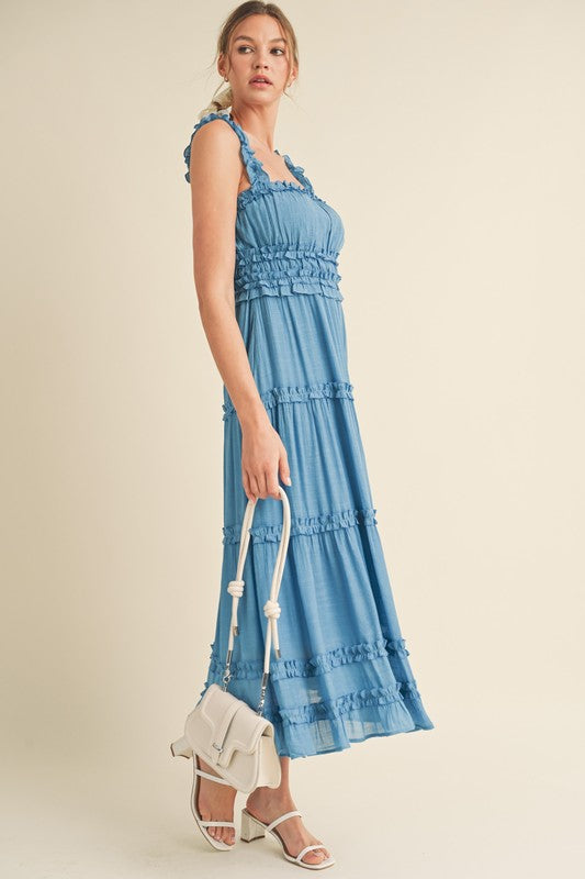 Riley Ruffled Midi Dress Blue Jay