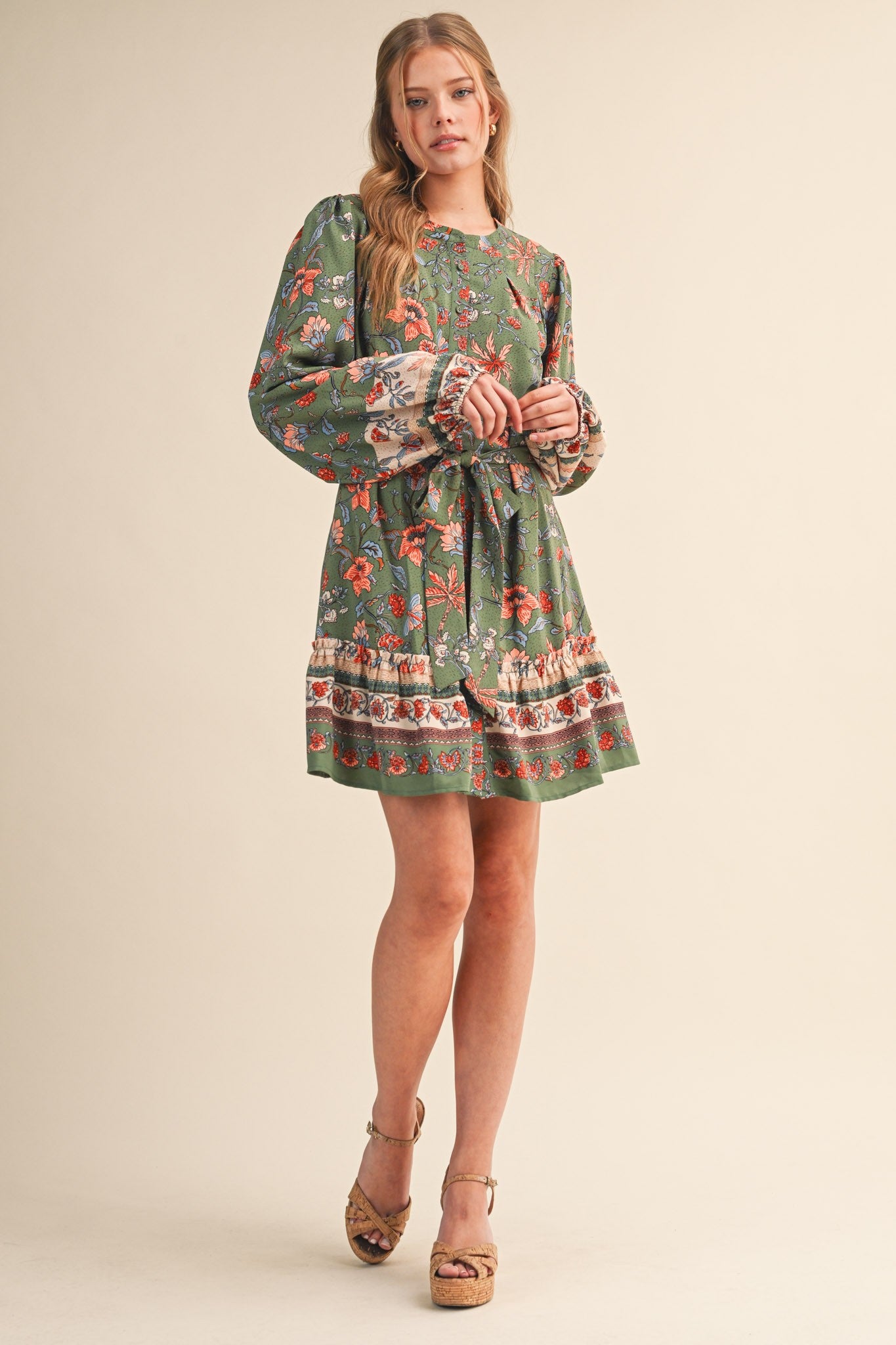 Penelopy Paisley Floral Print Button Down Belted Mini Dress Sage