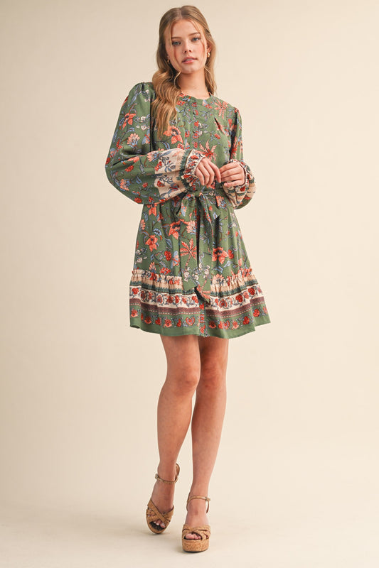 Penelopy Paisley Floral Print Button Down Belted Mini Dress Sage