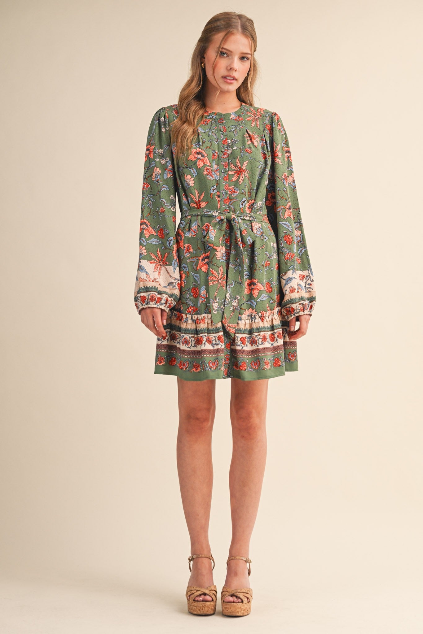 Penelopy Paisley Floral Print Button Down Belted Mini Dress Sage