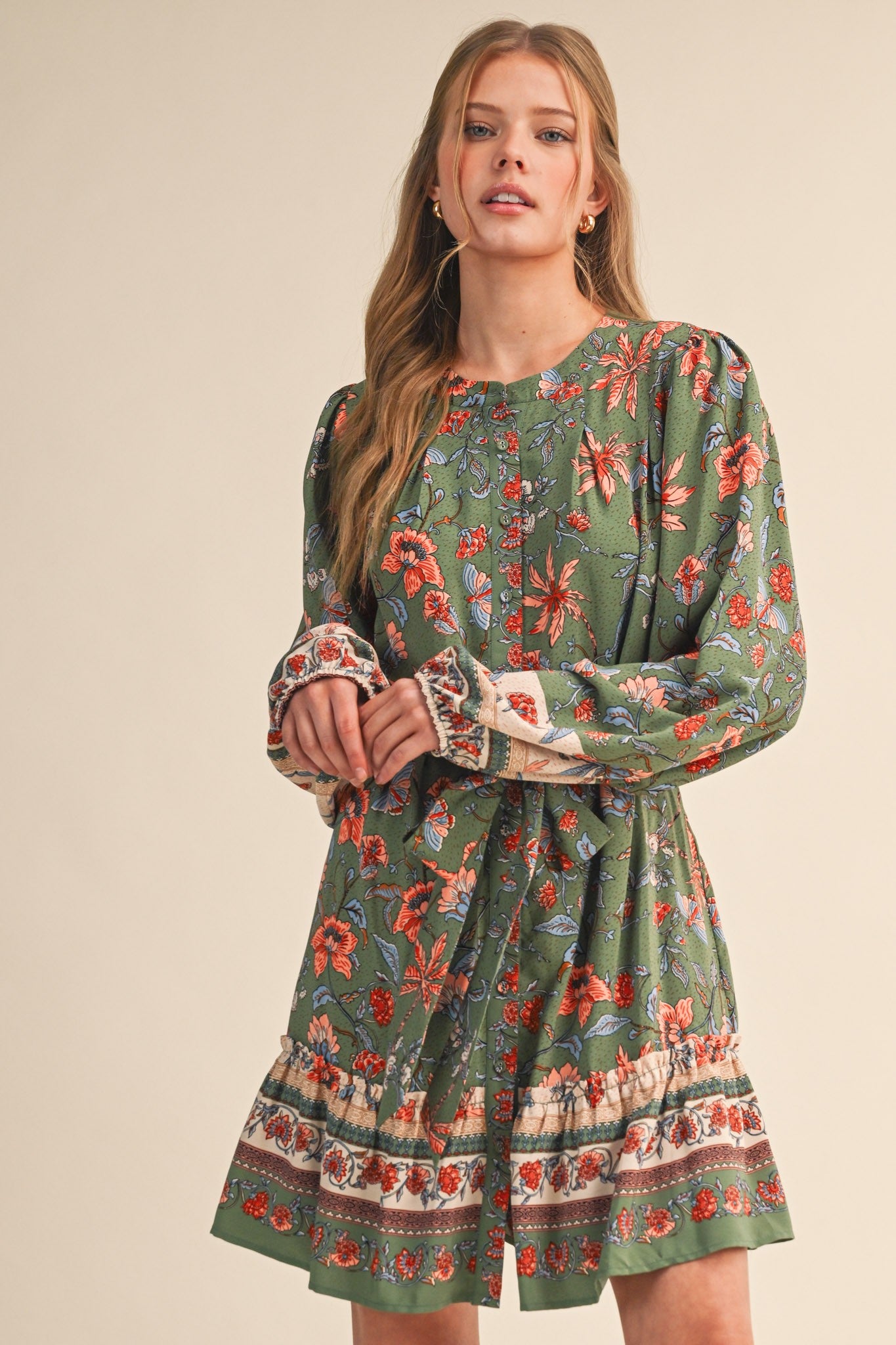 Penelopy Paisley Floral Print Button Down Belted Mini Dress Sage