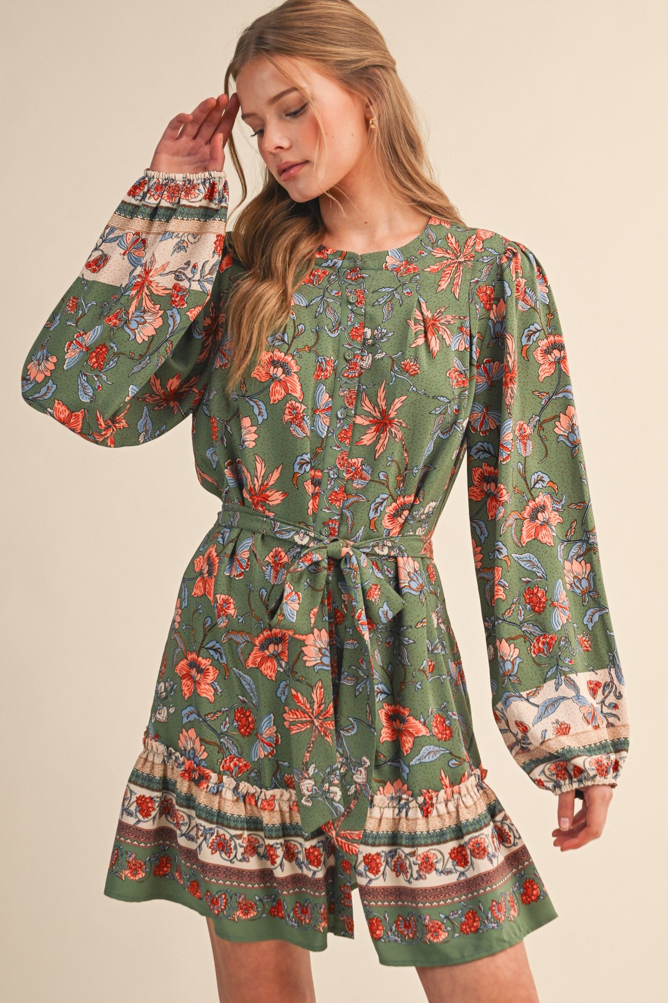 Penelopy Paisley Floral Print Button Down Belted Mini Dress Sage