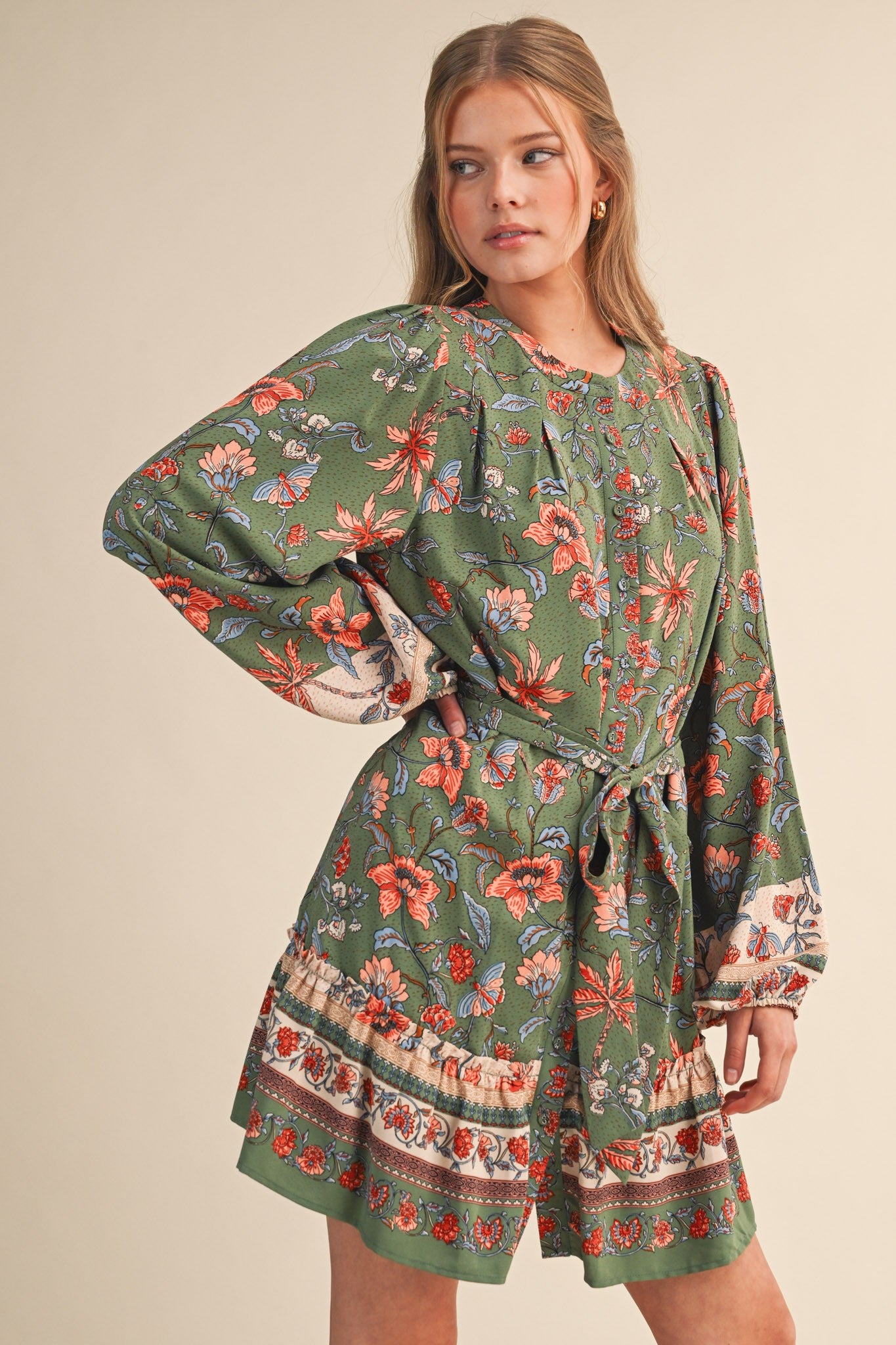 Penelopy Paisley Floral Print Button Down Belted Mini Dress Sage