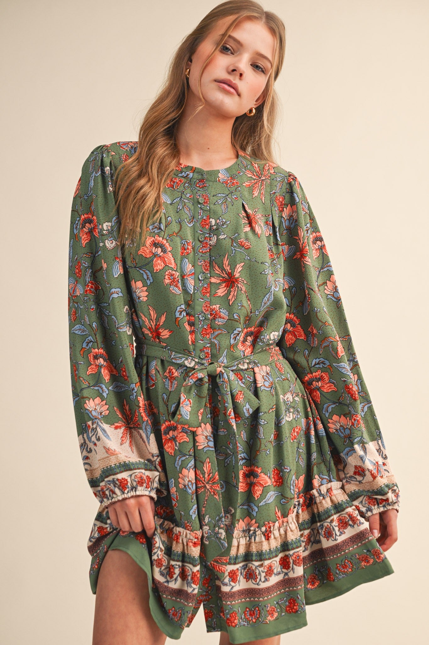 Penelopy Paisley Floral Print Button Down Belted Mini Dress Sage