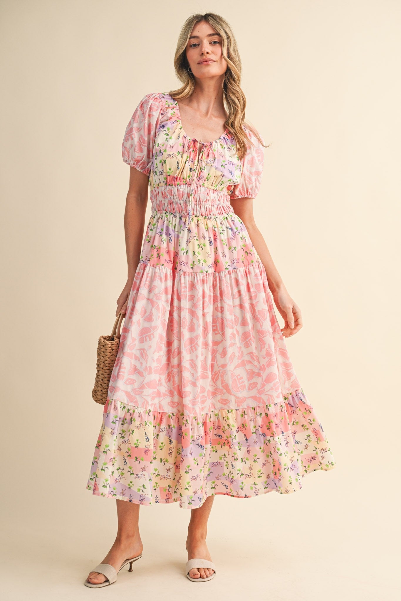 Mallory Mixed Floral Print Tiered Cut Out Back Midi Dress Pink