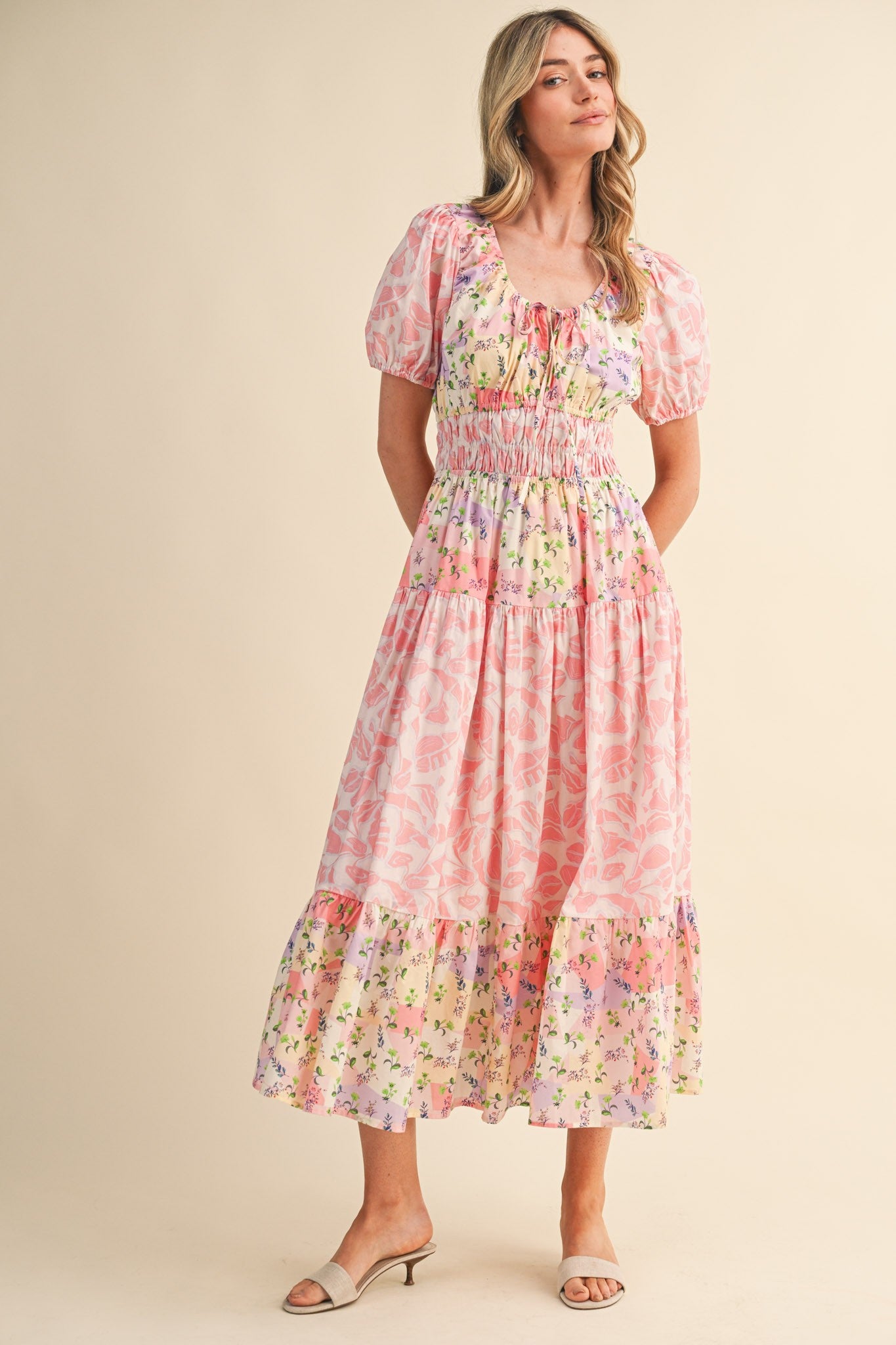 Mallory Mixed Floral Print Tiered Cut Out Back Midi Dress Pink