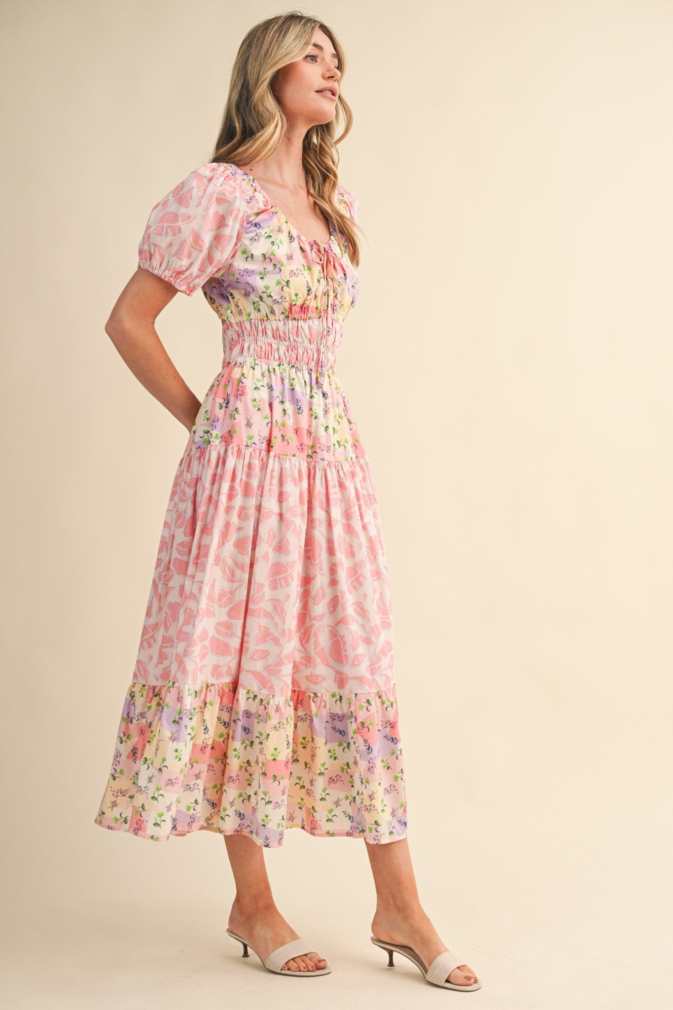 Mallory Mixed Floral Print Tiered Cut Out Back Midi Dress Pink