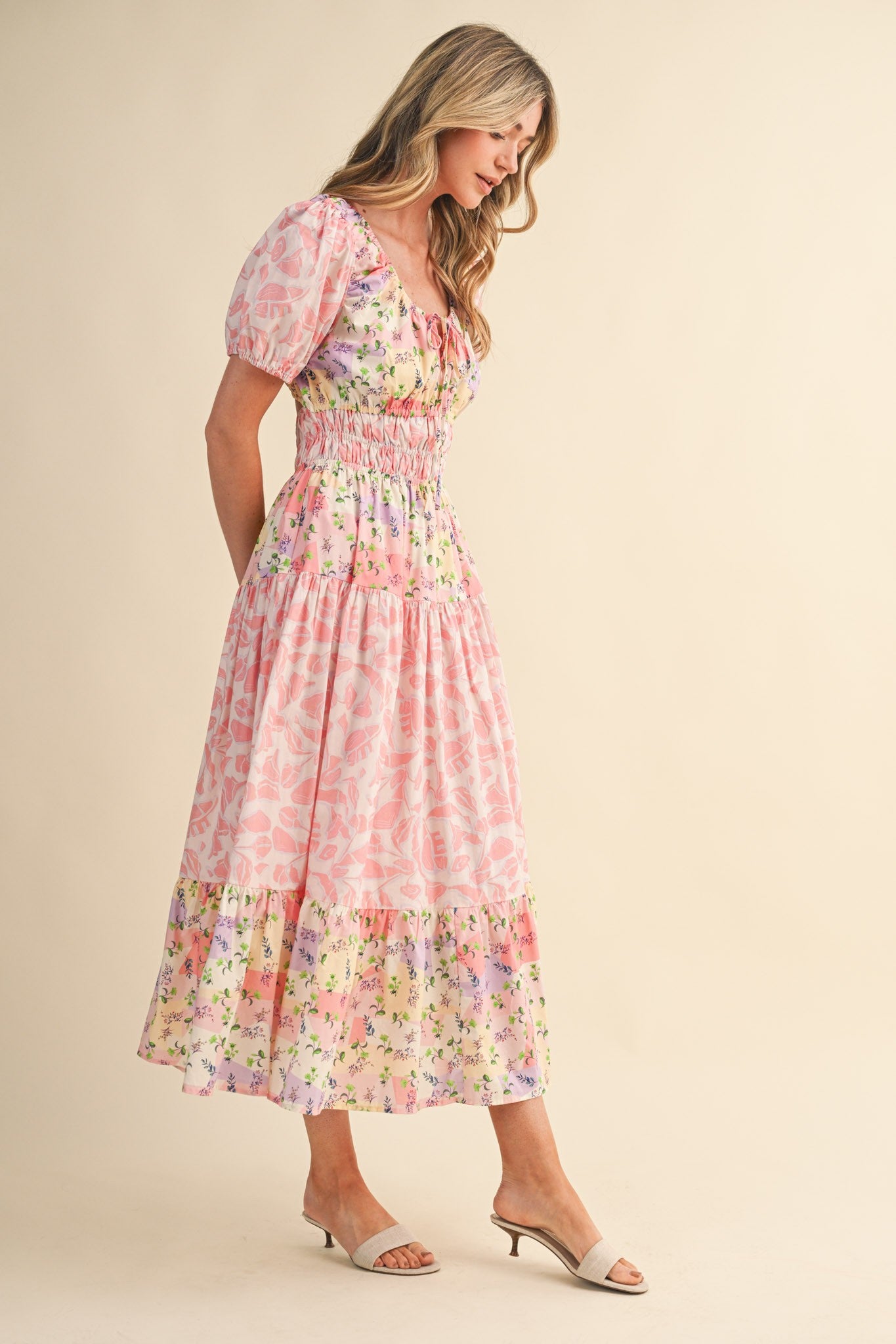 Mallory Mixed Floral Print Tiered Cut Out Back Midi Dress Pink
