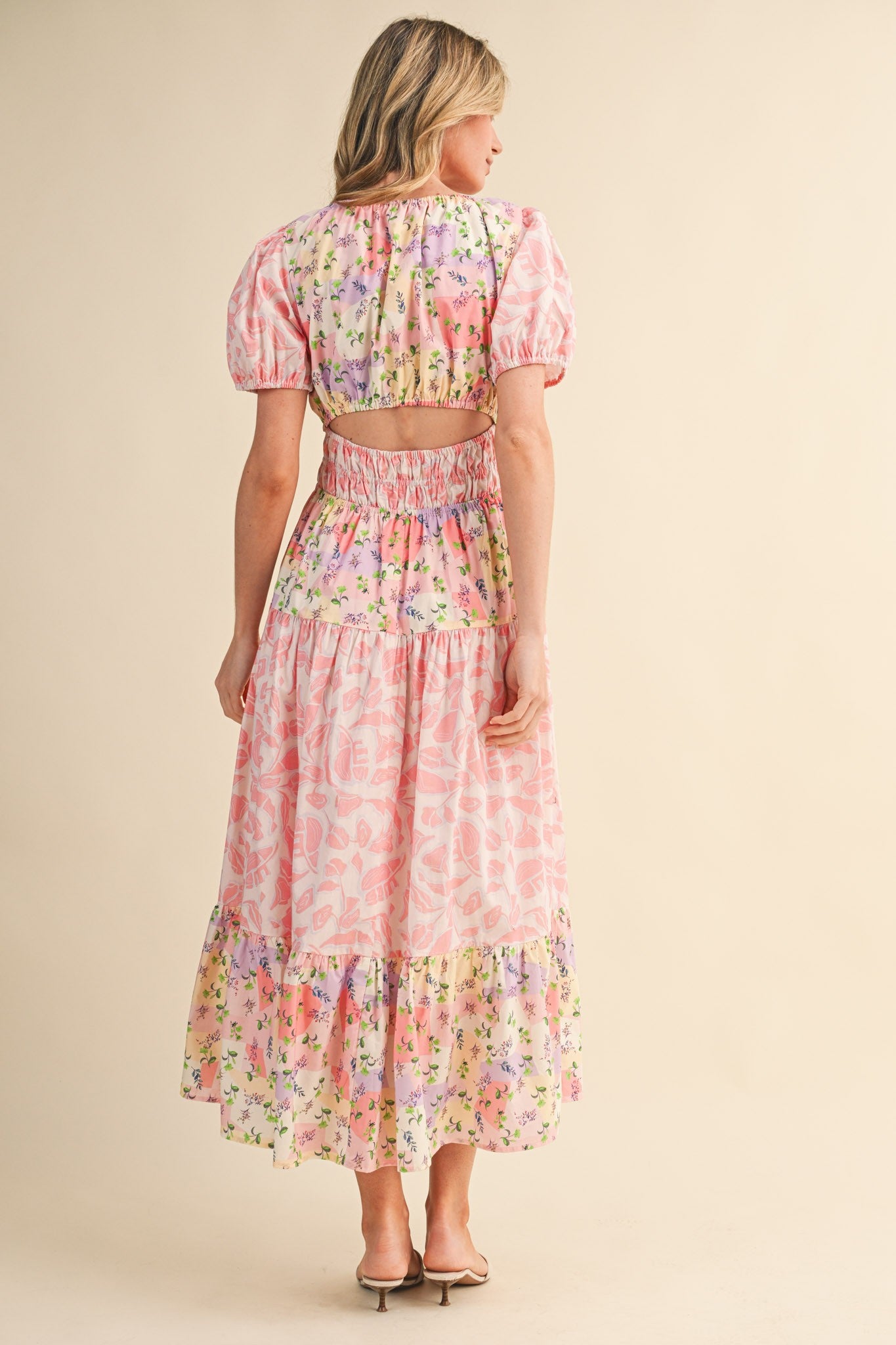 Mallory Mixed Floral Print Tiered Cut Out Back Midi Dress Pink