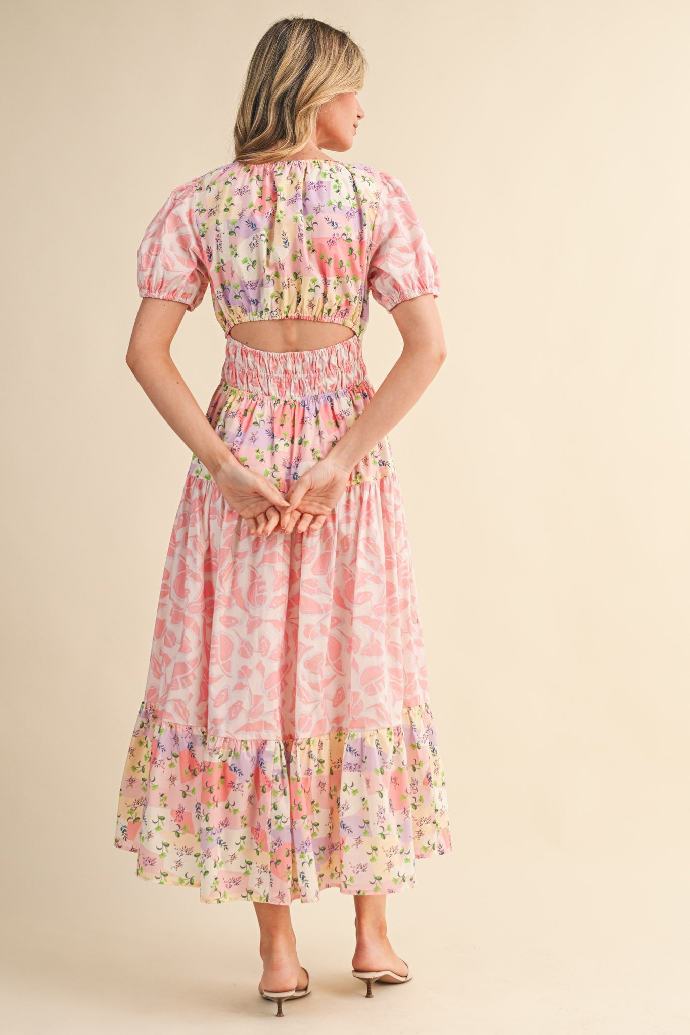 Mallory Mixed Floral Print Tiered Cut Out Back Midi Dress Pink