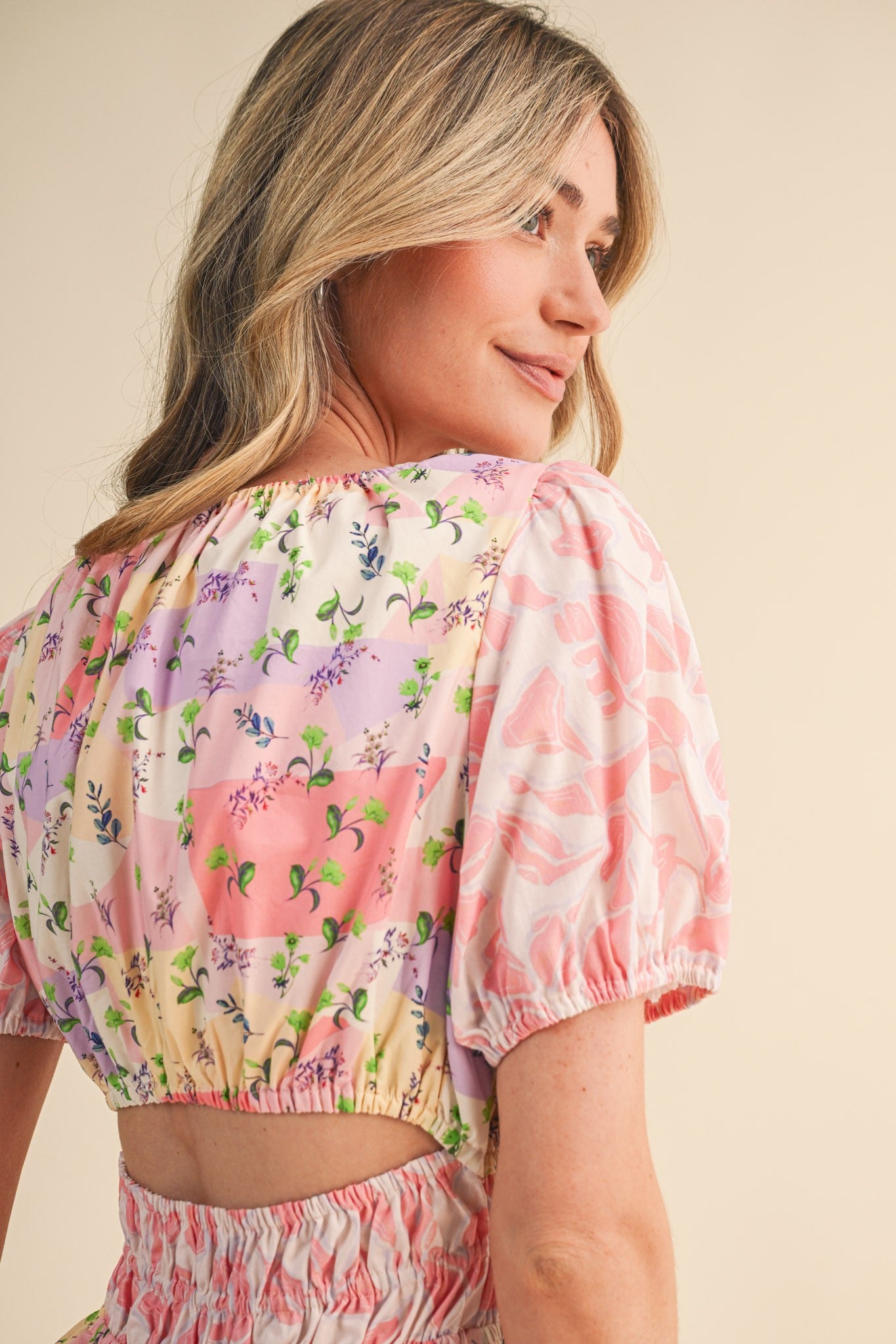 Mallory Mixed Floral Print Tiered Cut Out Back Midi Dress Pink