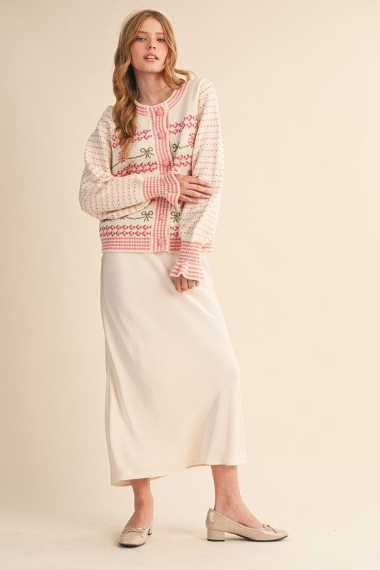 Felicia Flora Ruffle Sleeve Sweater Cardigan Ivory Pink