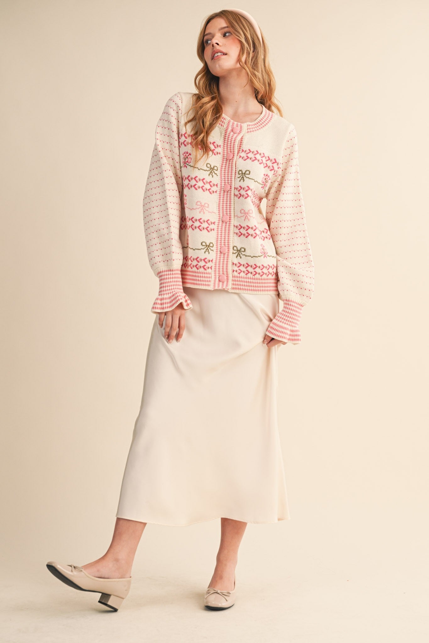 Felicia Flora Ruffle Sleeve Sweater Cardigan Ivory Pink