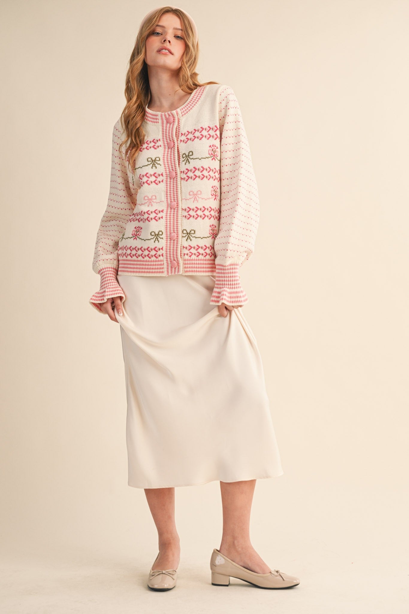 Felicia Flora Ruffle Sleeve Sweater Cardigan Ivory Pink