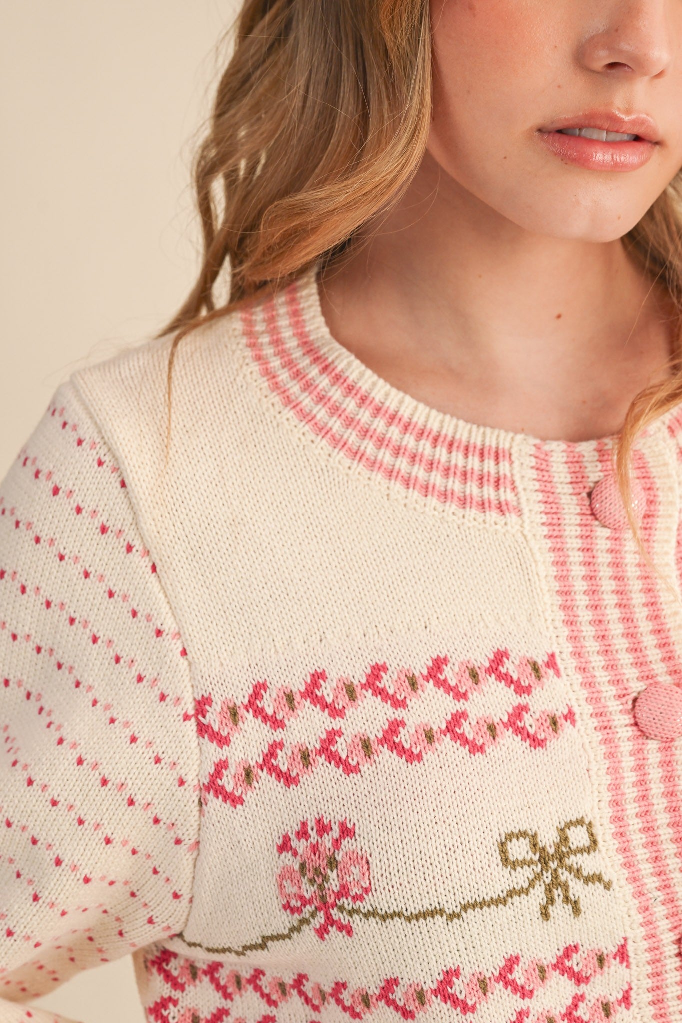 Felicia Flora Ruffle Sleeve Sweater Cardigan Ivory Pink
