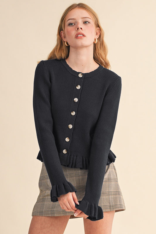 Regina Ruffled Hem Ribbed Knit Sweater Black