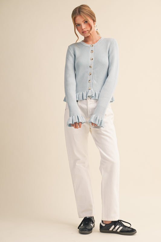 Regina Ruffled Hem Ribbed Knit Sweater Pastel Blue