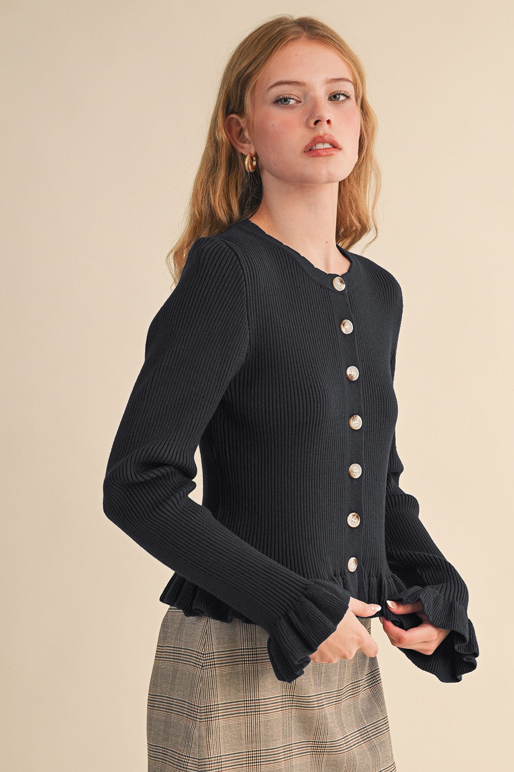 Regina Ruffled Hem Ribbed Knit Sweater Black