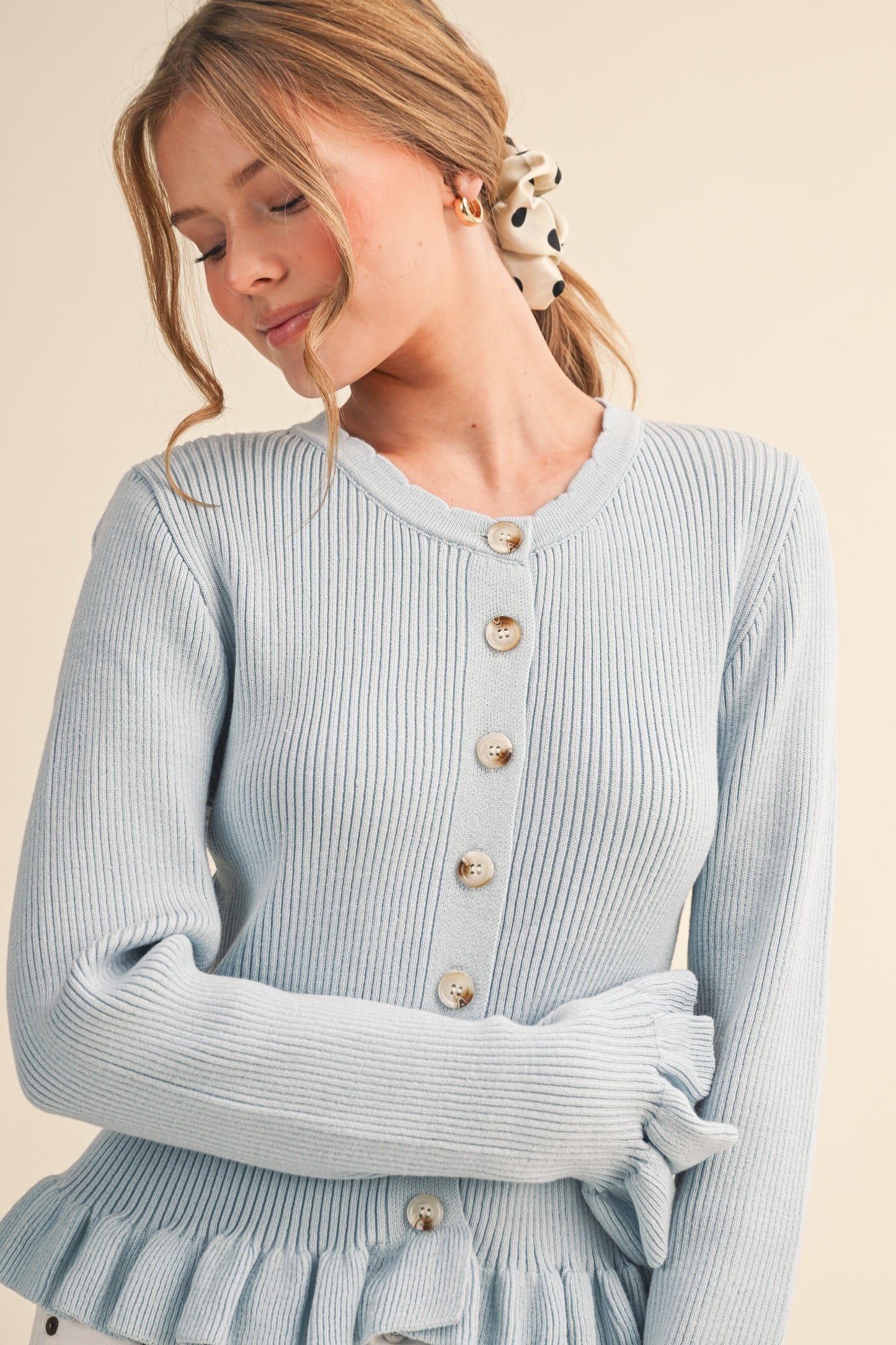 Regina Ruffled Hem Ribbed Knit Sweater Pastel Blue