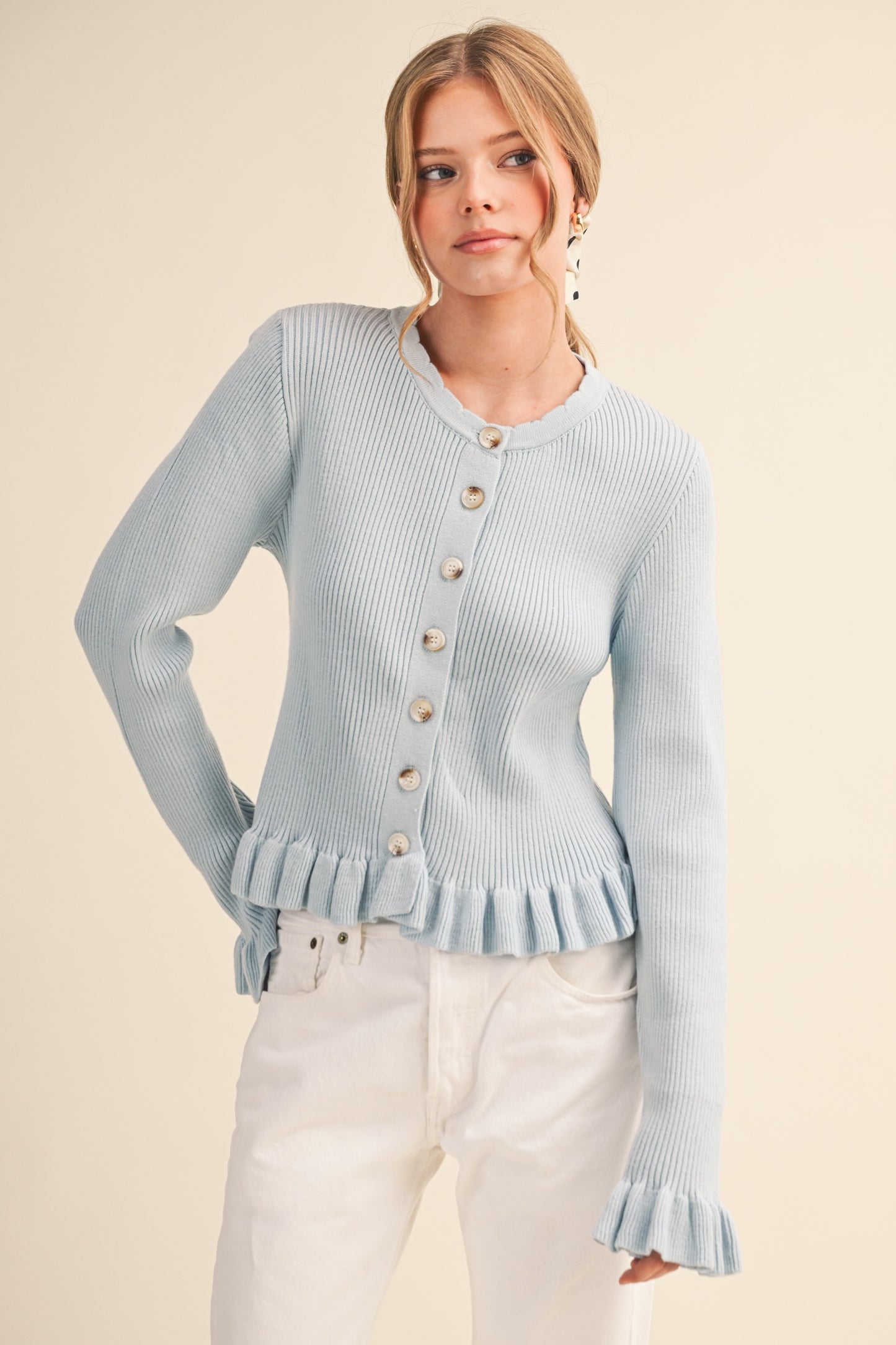 Regina Ruffled Hem Ribbed Knit Sweater Pastel Blue