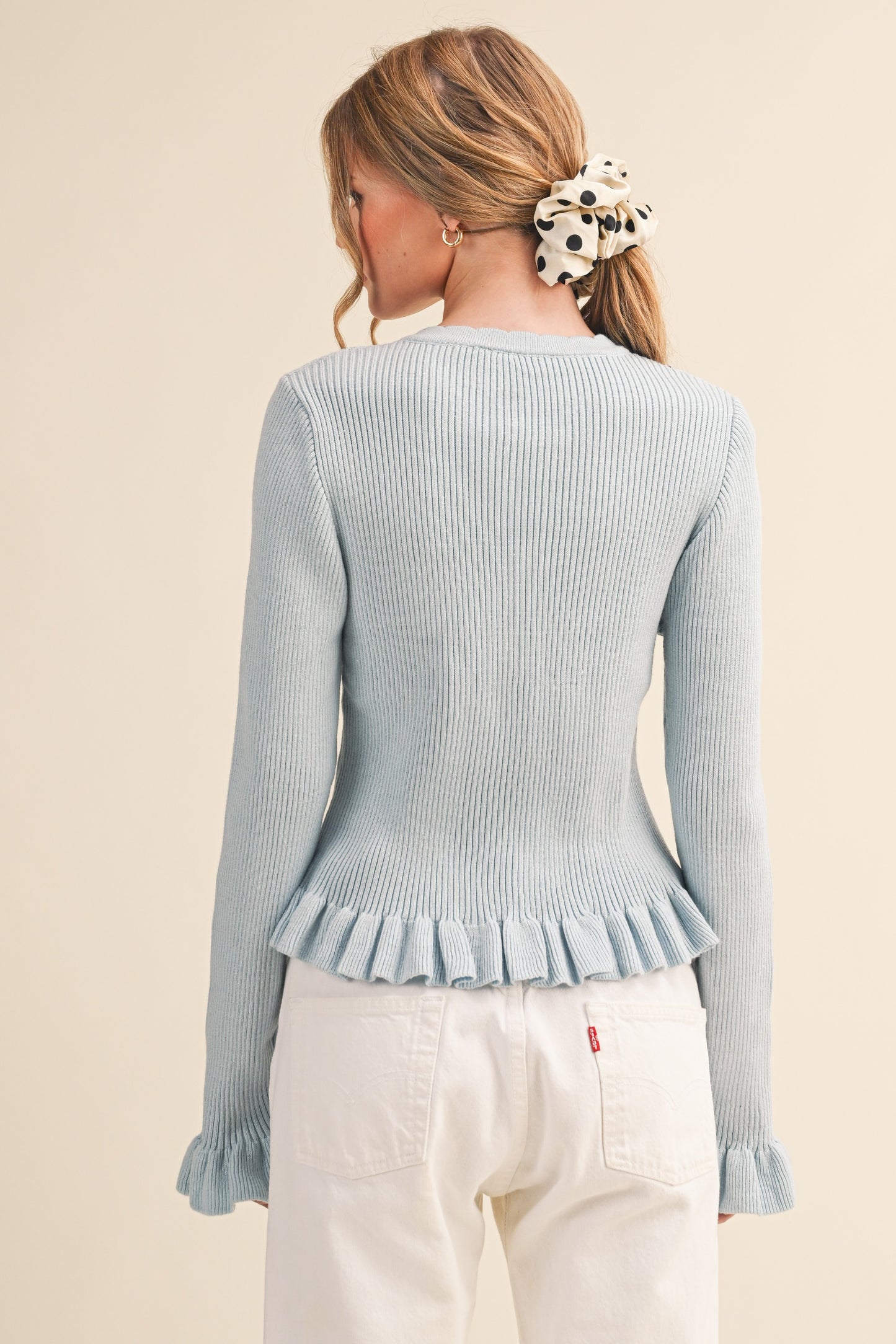 Regina Ruffled Hem Ribbed Knit Sweater Pastel Blue