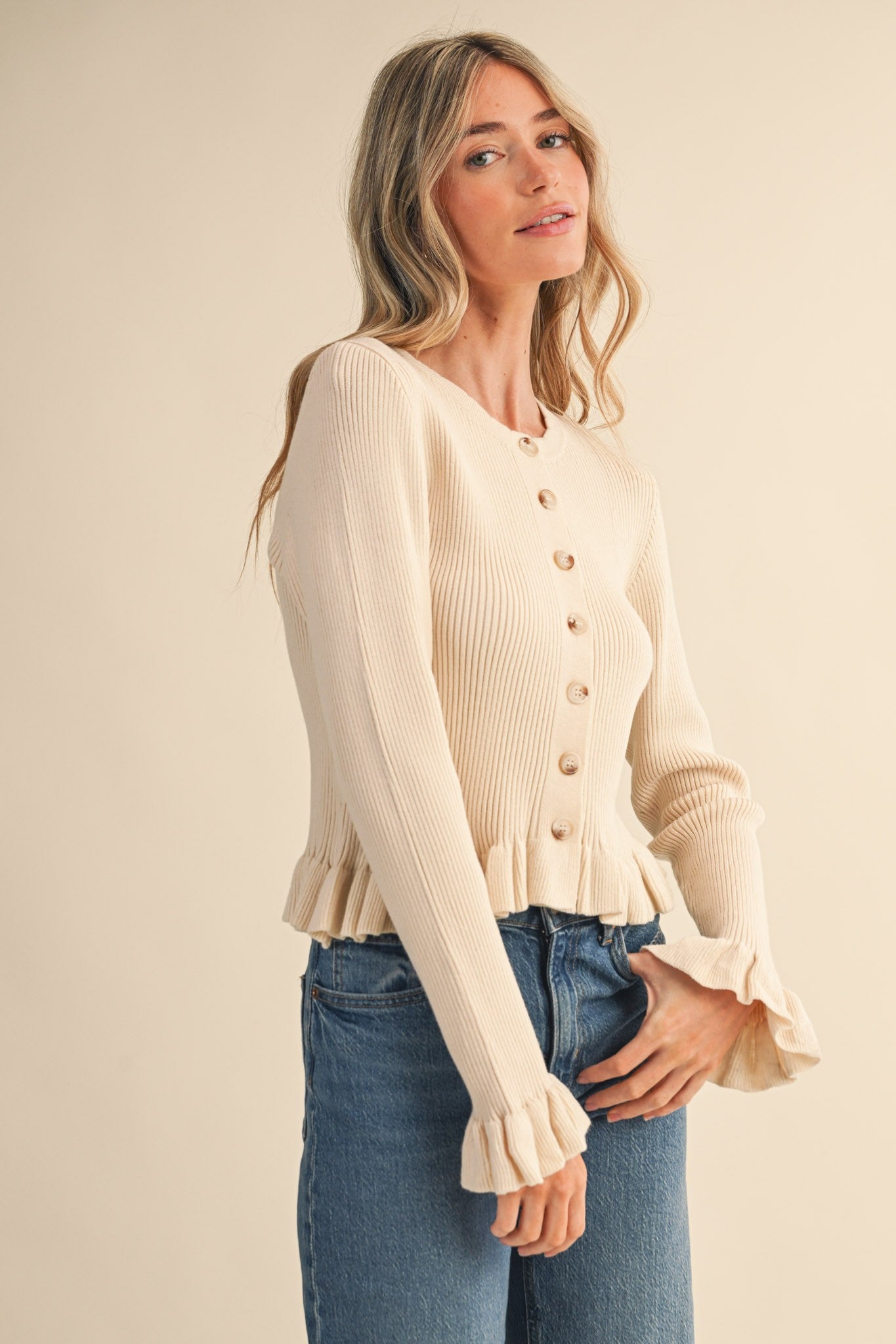 Regina Ruffled Hem Ribbed Knit Sweater Egg Shell