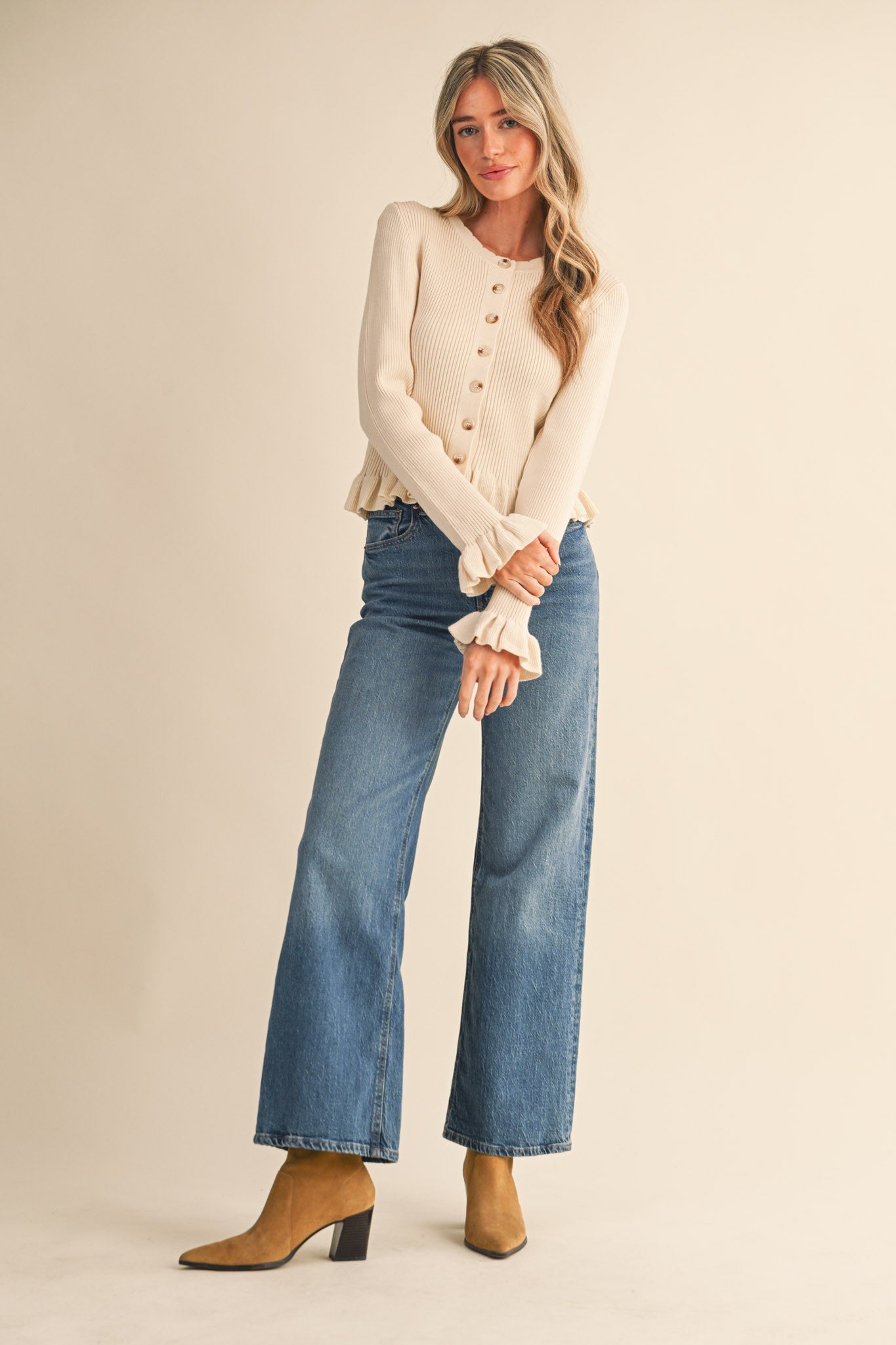 Regina Ruffled Hem Ribbed Knit Sweater Egg Shell