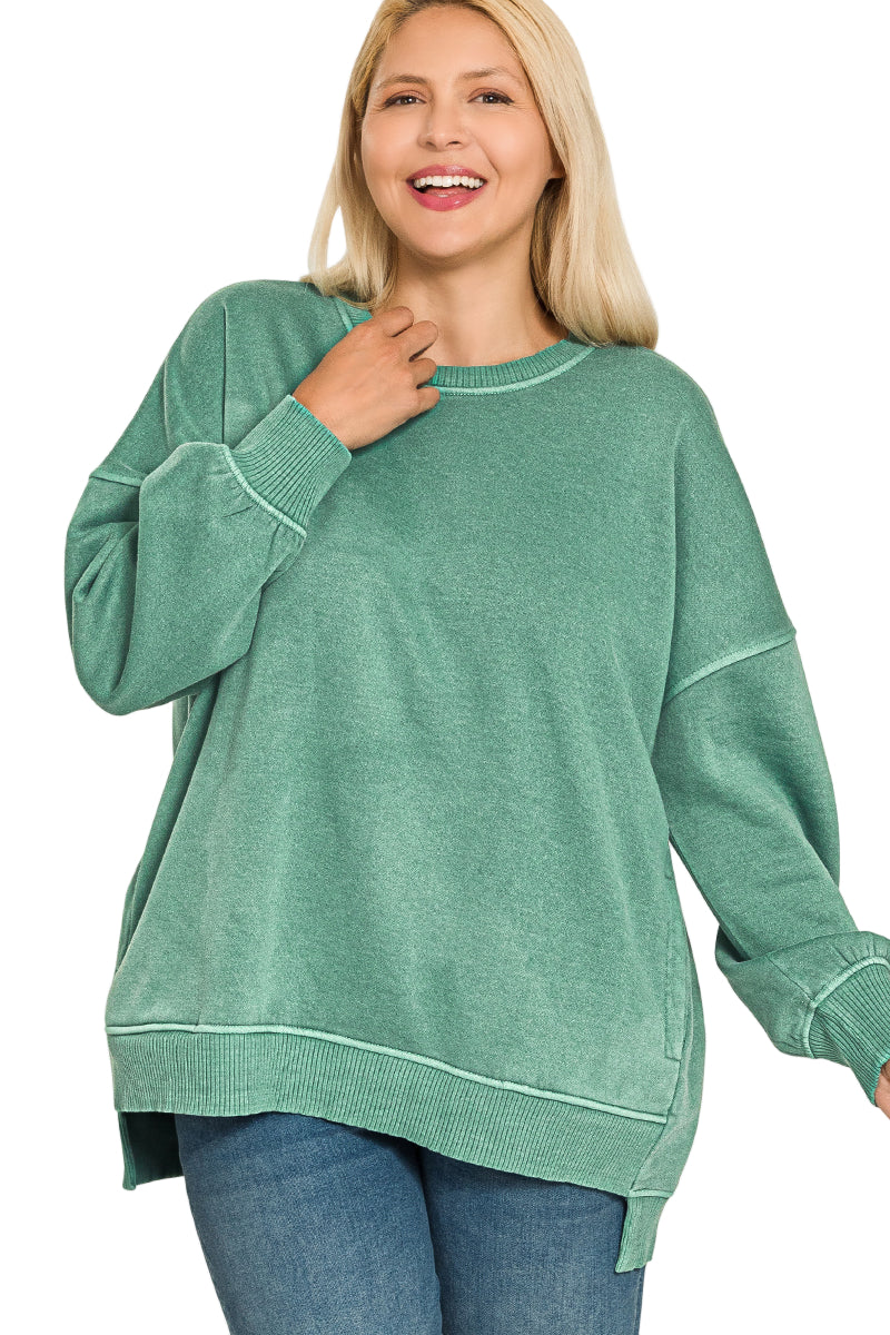 Ivy Fleece High Low Hem Pullover With Pockets Dark Green