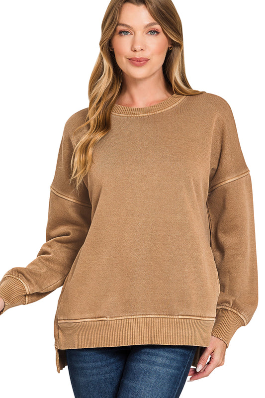 Ivy Fleece High Low Hem Pullover With Pockets Deep Camel