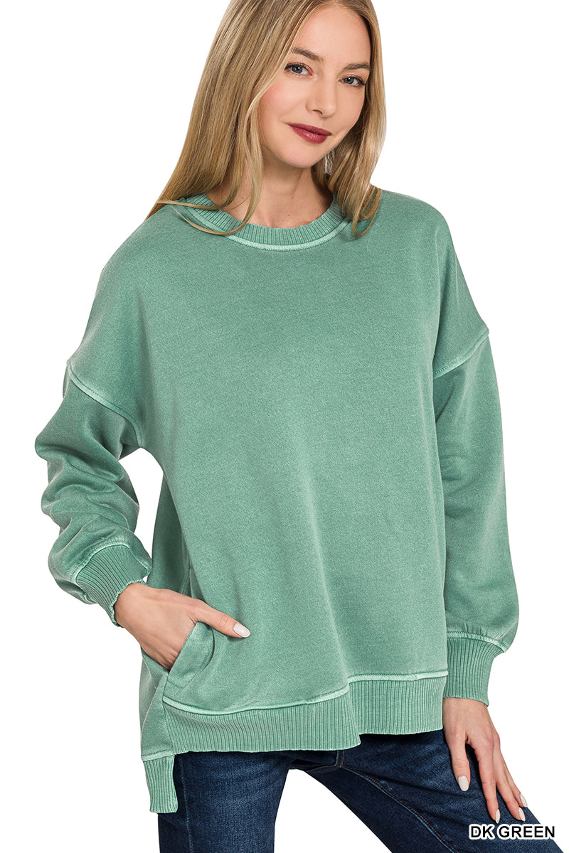 Ivy Fleece High Low Hem Pullover With Pockets Dark Green