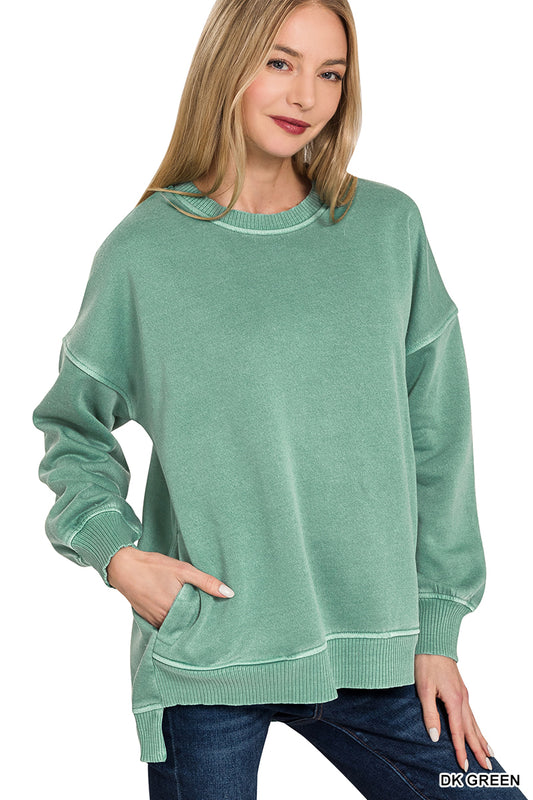 Ivy Fleece High Low Hem Pullover With Pockets Dark Green