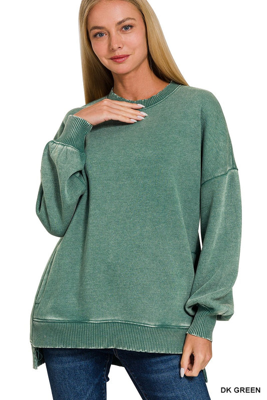 Arlene Acid Washed High-Low Hem Pullover Dark Dreen