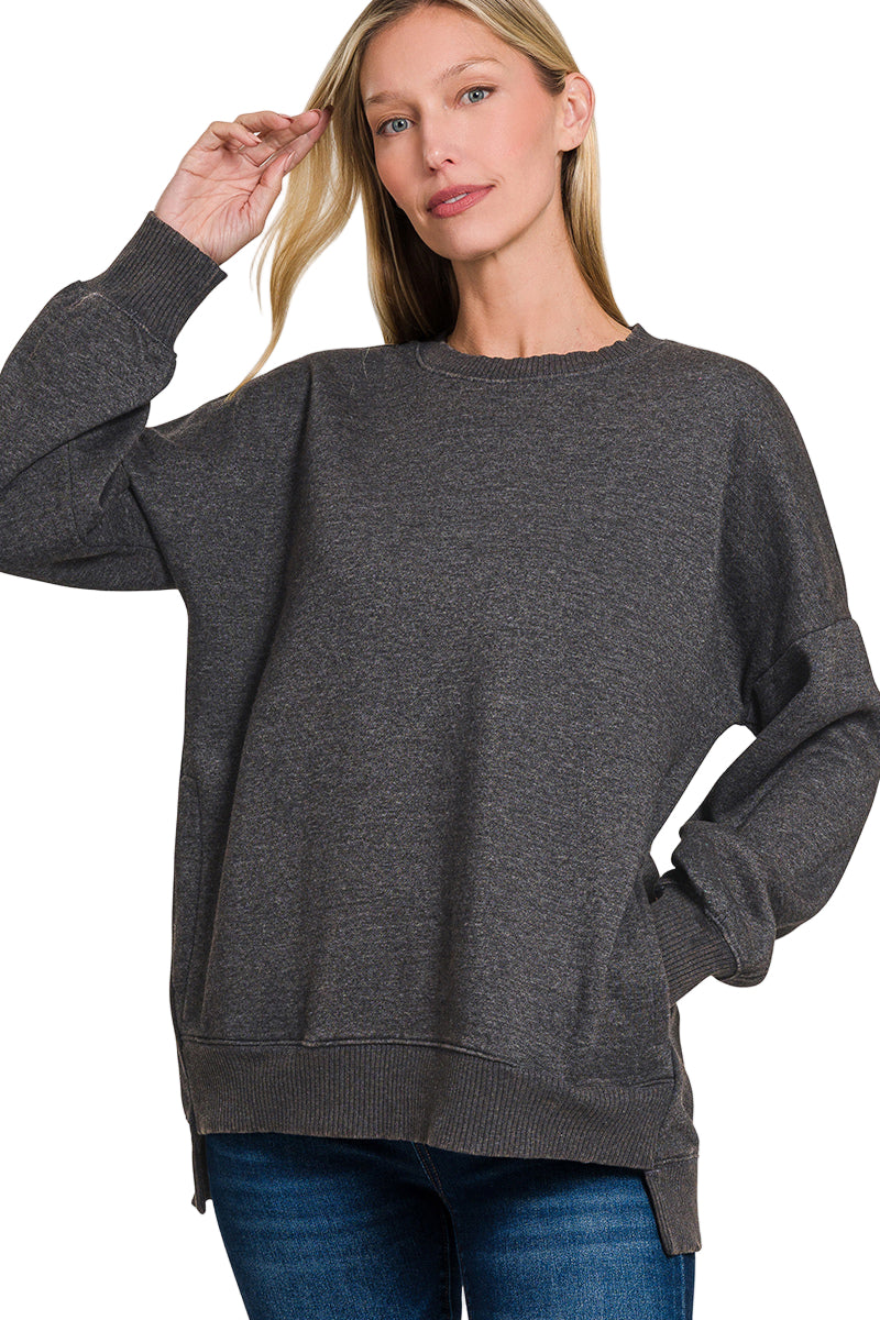 Arlene Acid Washed High Low Hem Pullover With Pockets Black