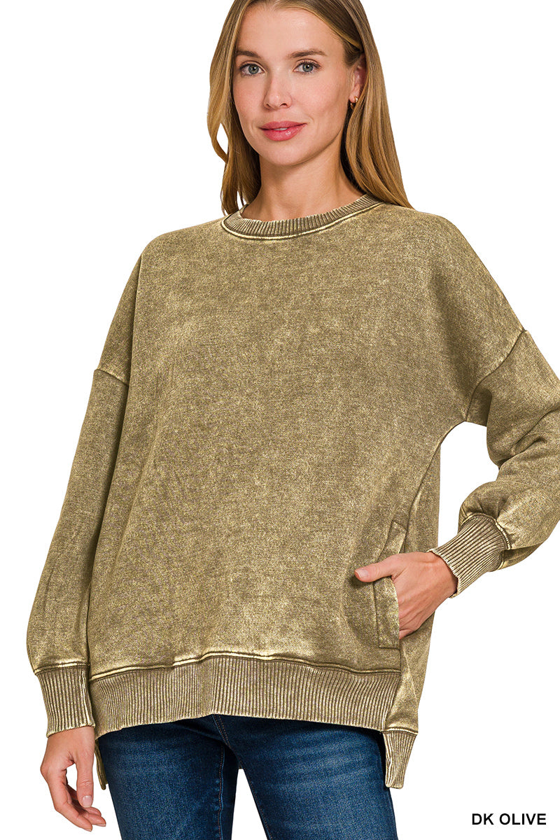 Arlene Acid Washed High-Low Hem Pullover With Pockets Dark Olive
