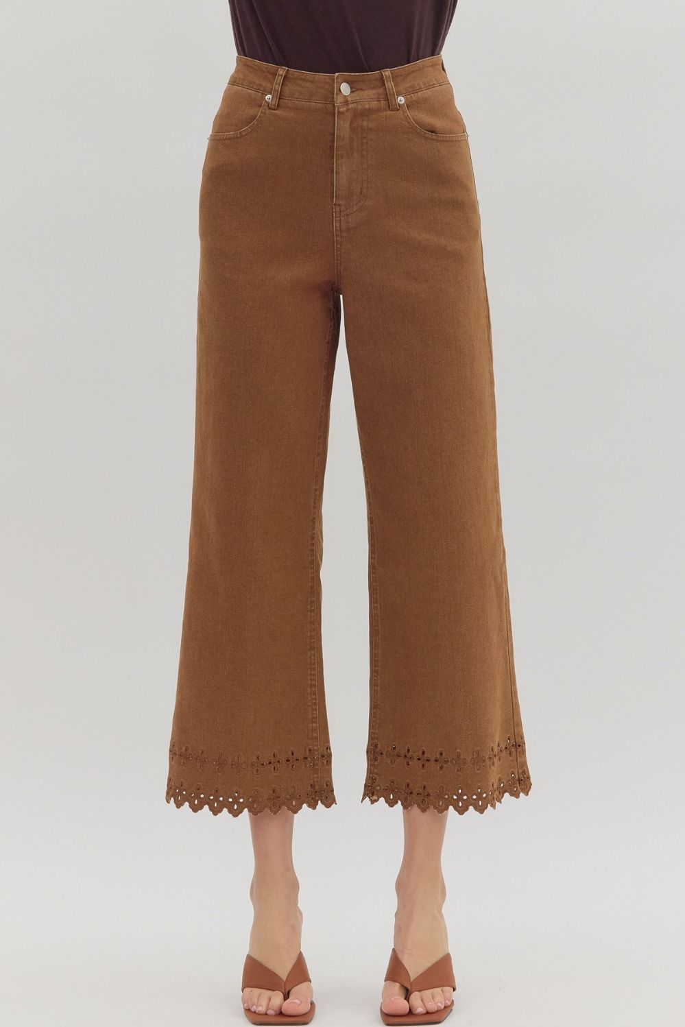Eden Embroidered Hem Pants Brown