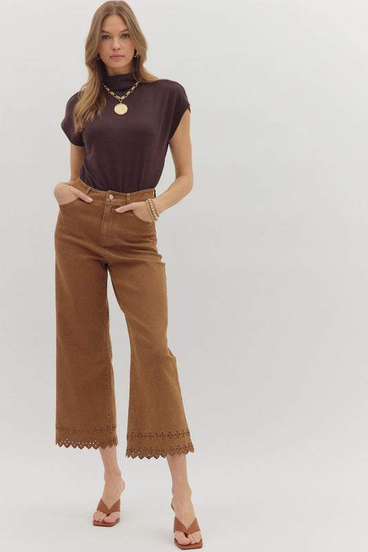 Eden Embroidered Hem Pants Brown