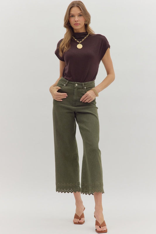 Eden Embroidered Hem Pants Olive