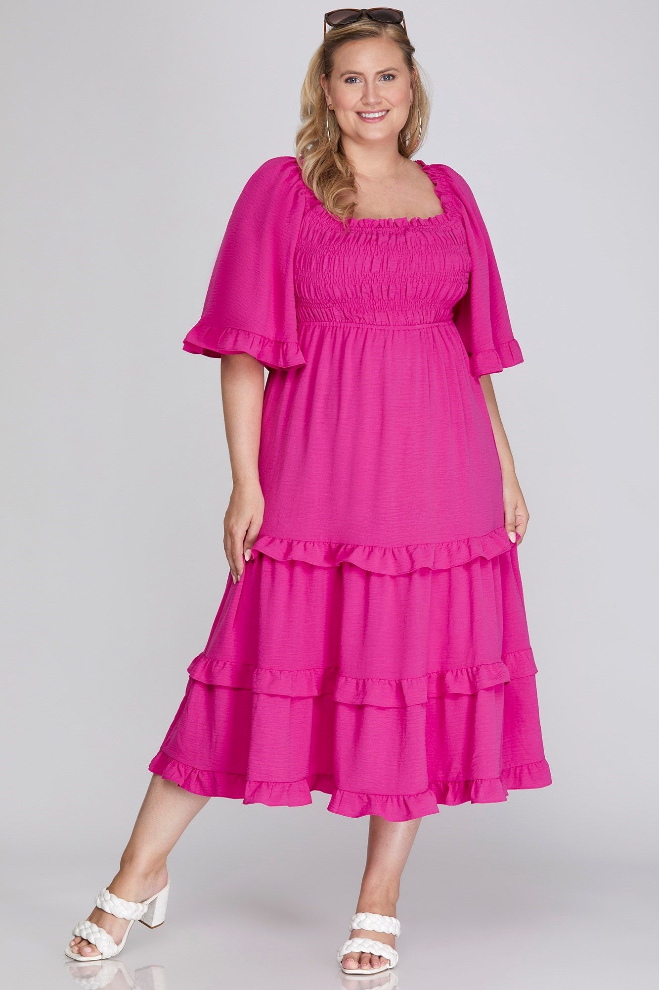 Savannah Bell Sleeve Tiered Dress Hot Pink