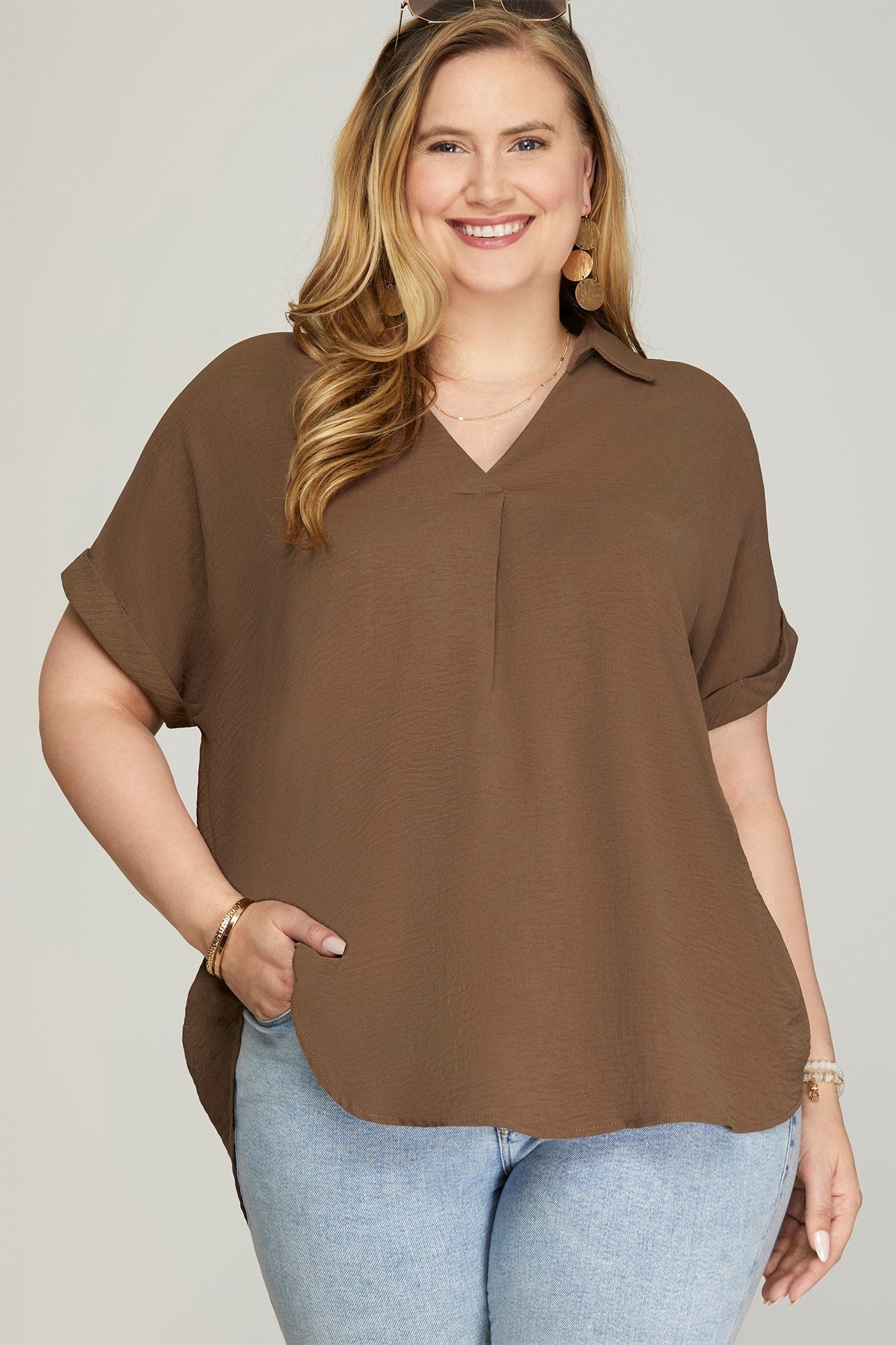 Claudia Collared Woven Top Mocha