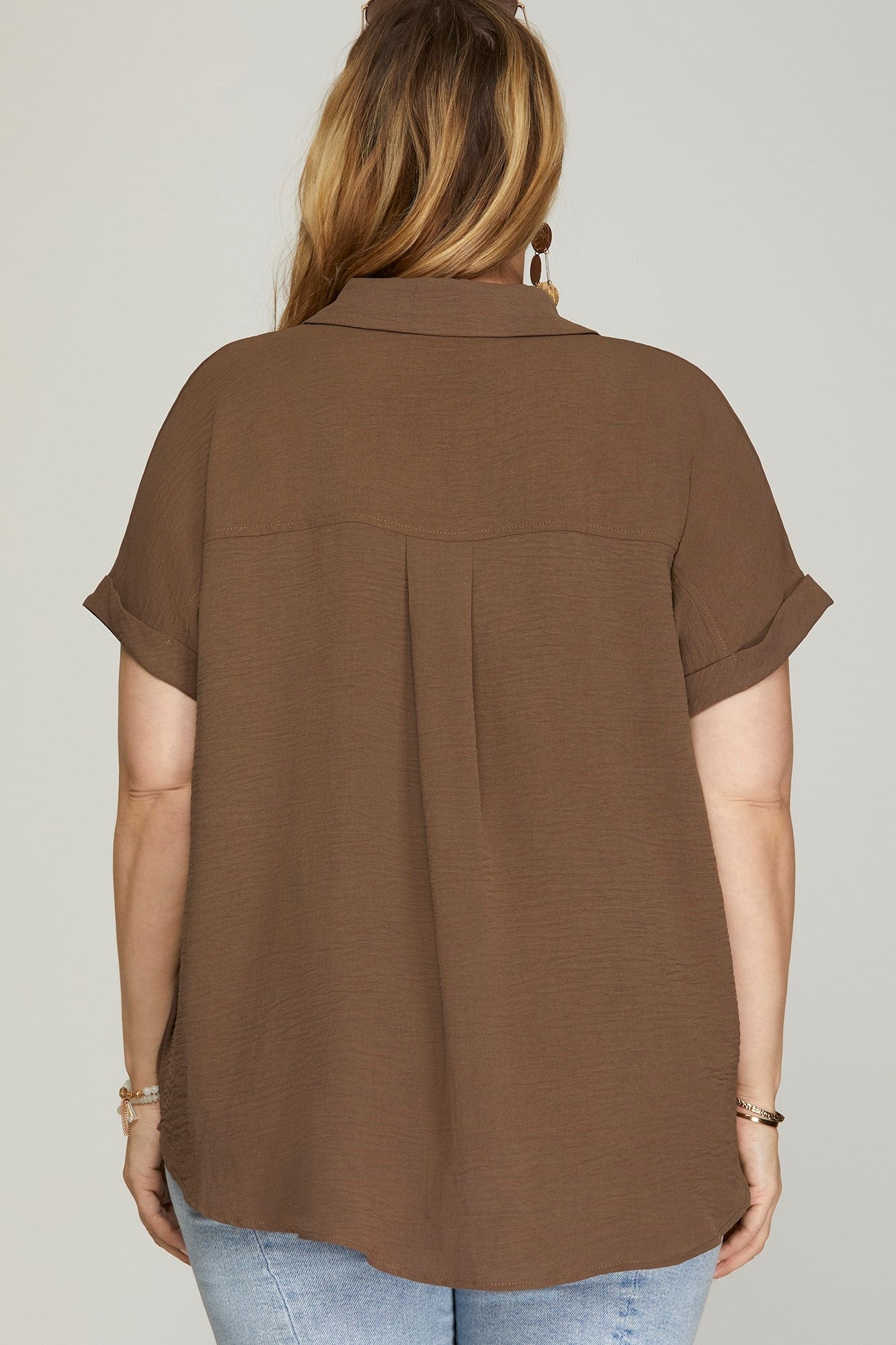 Claudia Collared Woven Top Mocha