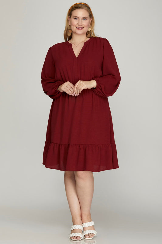 Winslet Long Sleeve Woven Dress Burgundy