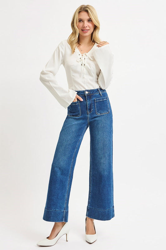 Holly High Rise Wide Front Patch Pocket Risen Jeans Dark